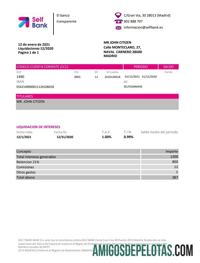 Exemplo de PDF em Excel do Self Bank da Espanha